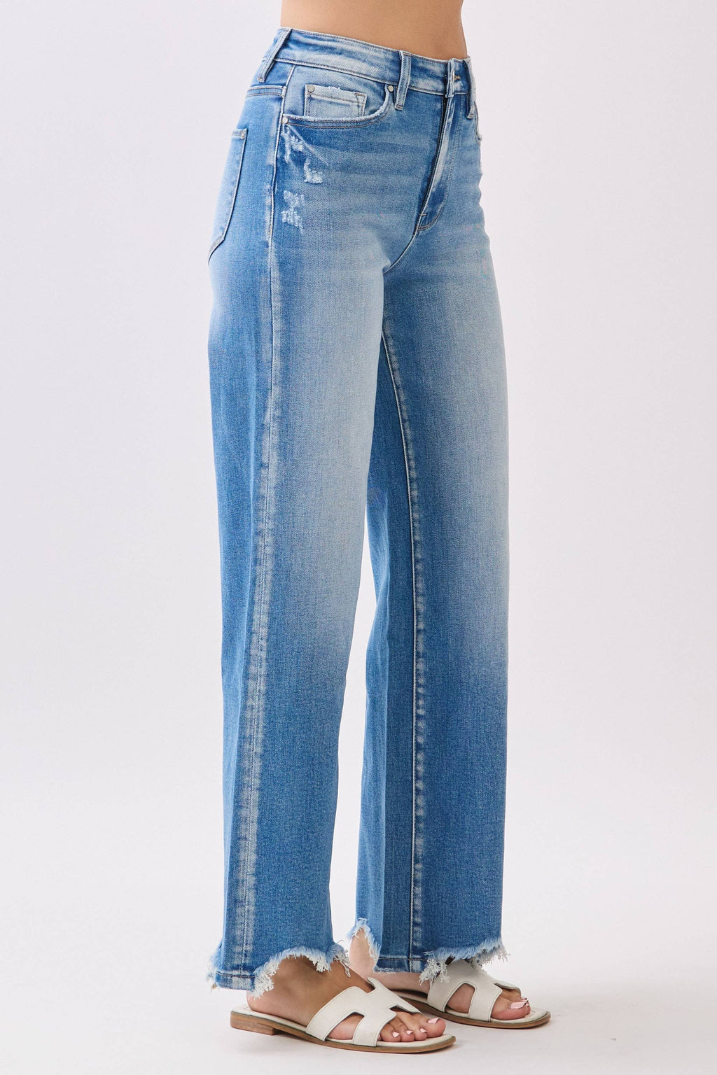 HIGH RISE STRETCH WIDE LEG DESTROYED HEM JEANS