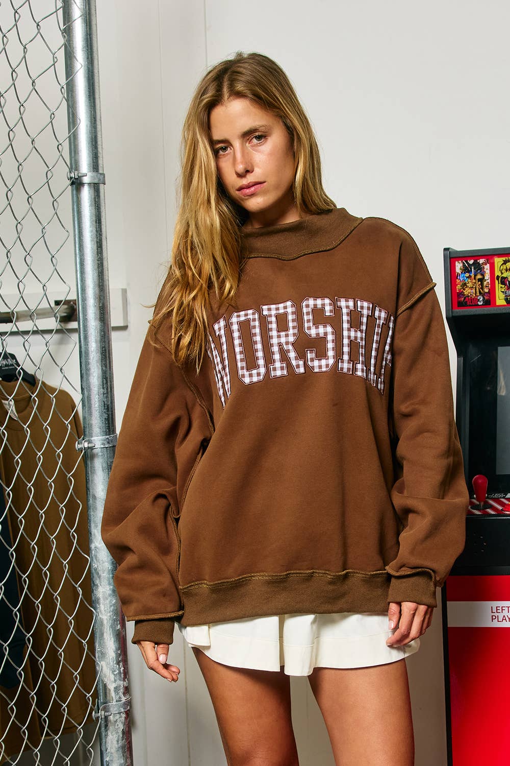 Gingham "WORSHIP" Mock Neck Sweatshirt