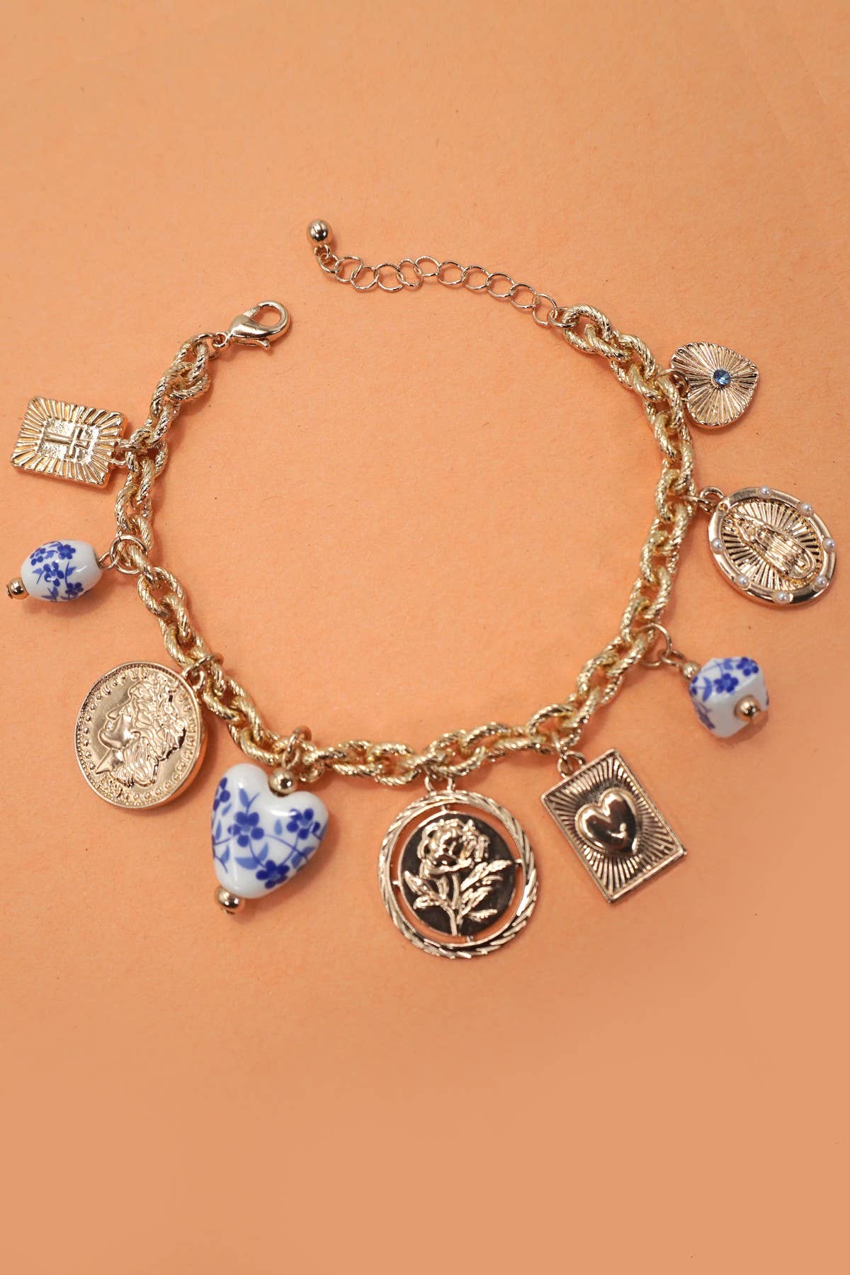 BLUE CERAMIC PORCELAIN COIN CROSS CHARM BRACELET