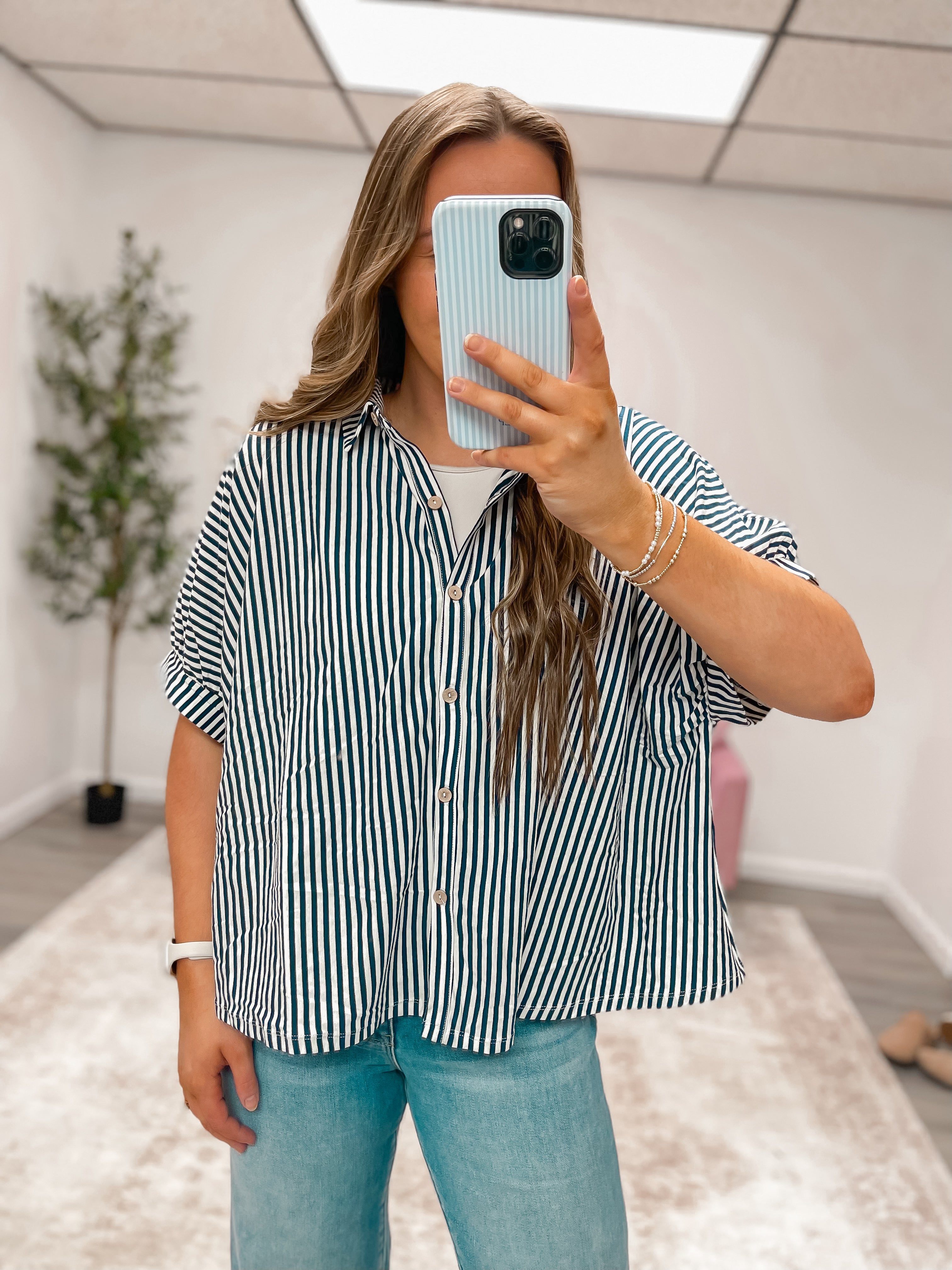 Navy Stripe Oversized Button Down