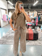 Acid Wash Ribbed Pants - Brown