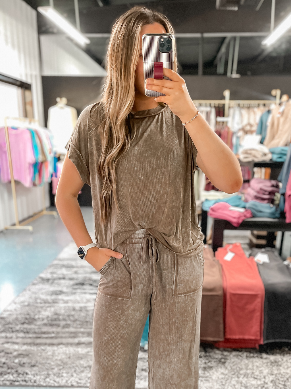 Acid Wash Ribbed Top - Brown
