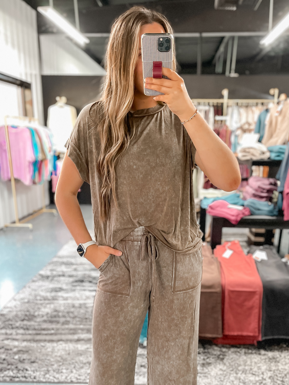 Acid Wash Ribbed Top - Brown