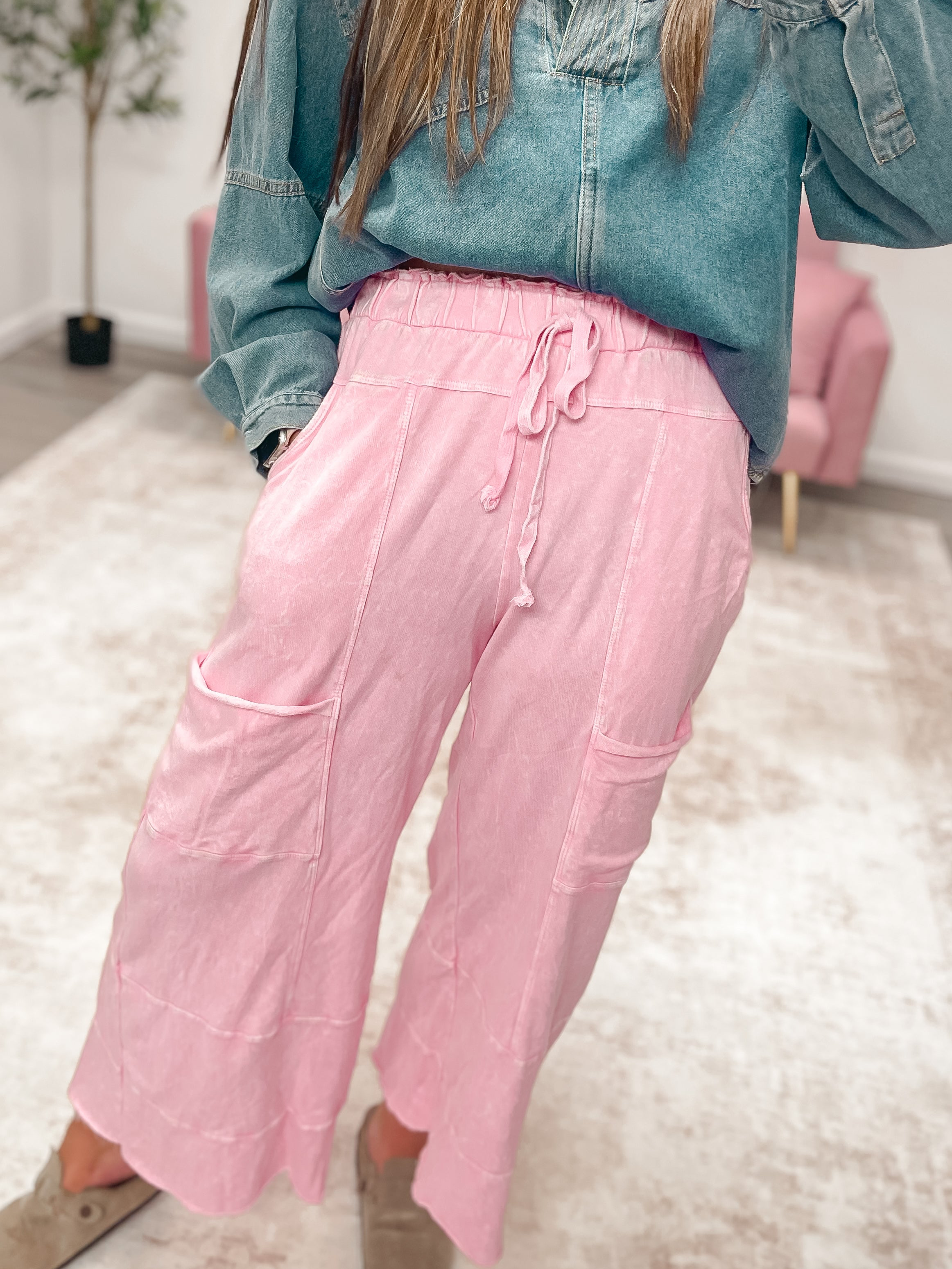 Mineral Wash Wide Leg Pants - PINK