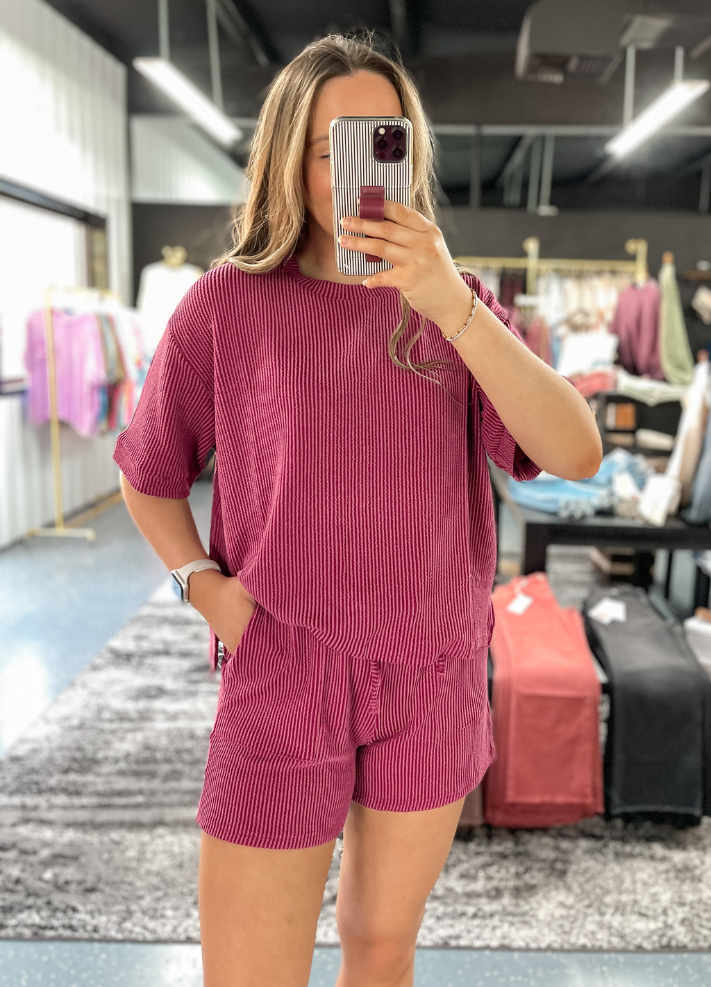 Raised Rib Tee + Shorts Set - Wine