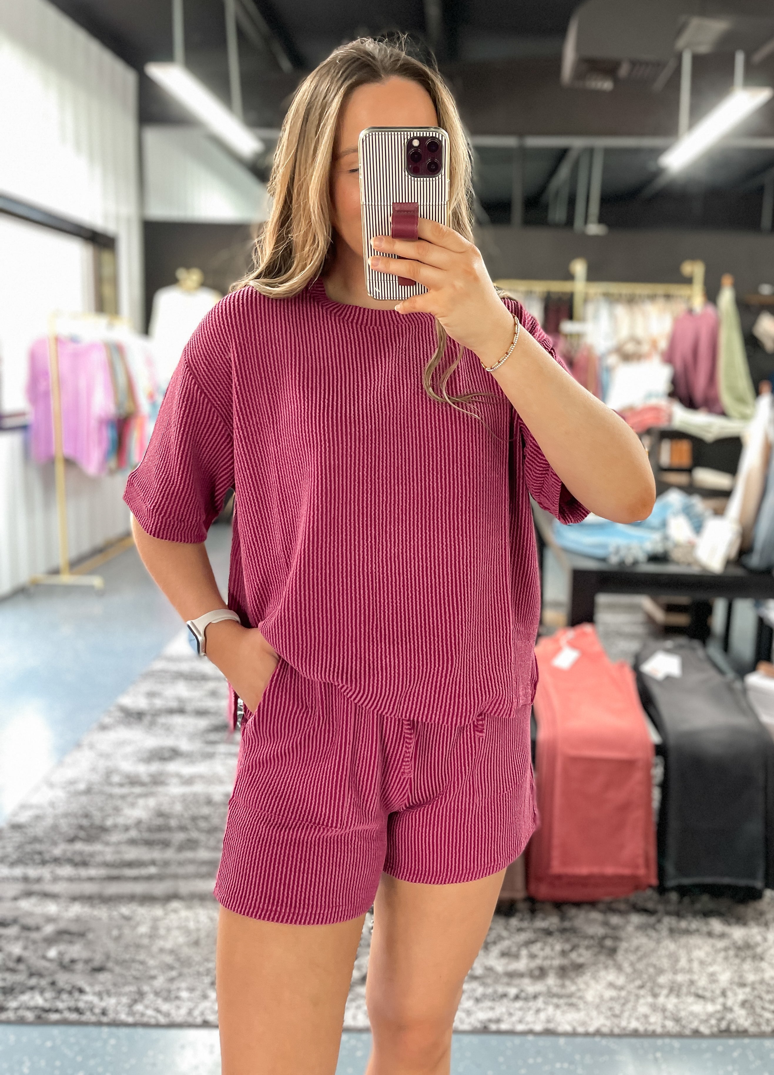 Raised Rib Tee + Shorts Set - Wine