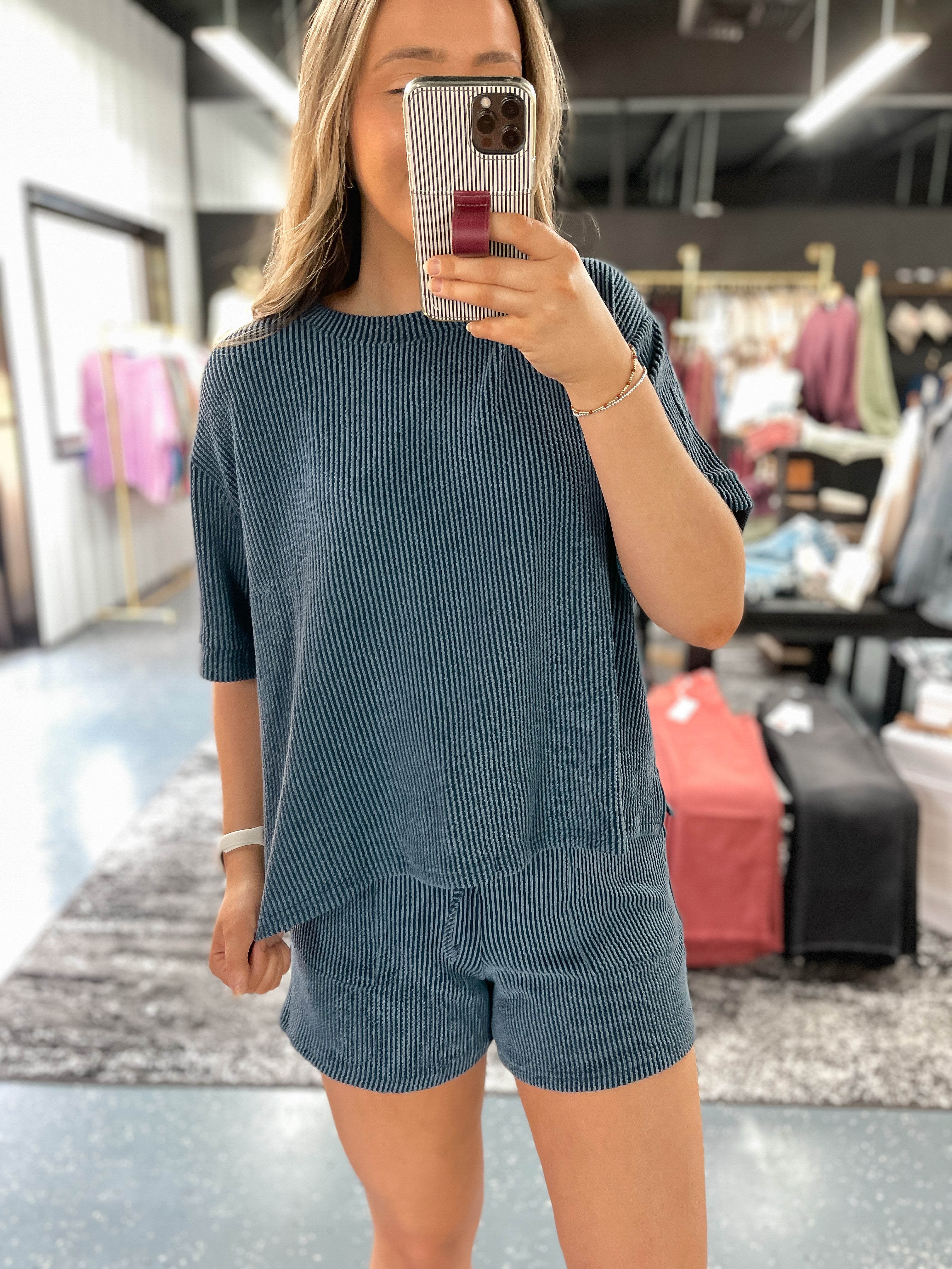 Raised Rib Tee + Shorts Set - Navy