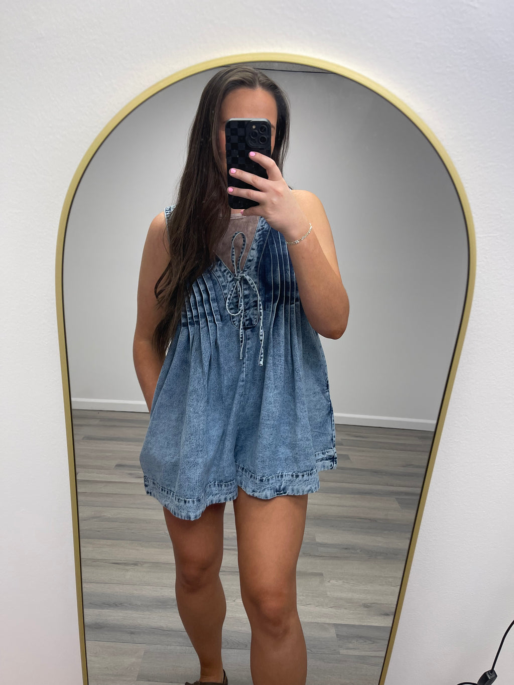 Front Pleated V Neck Sleeveless Denim Romper / DENIM