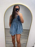 Front Pleated V Neck Sleeveless Denim Romper / DENIM