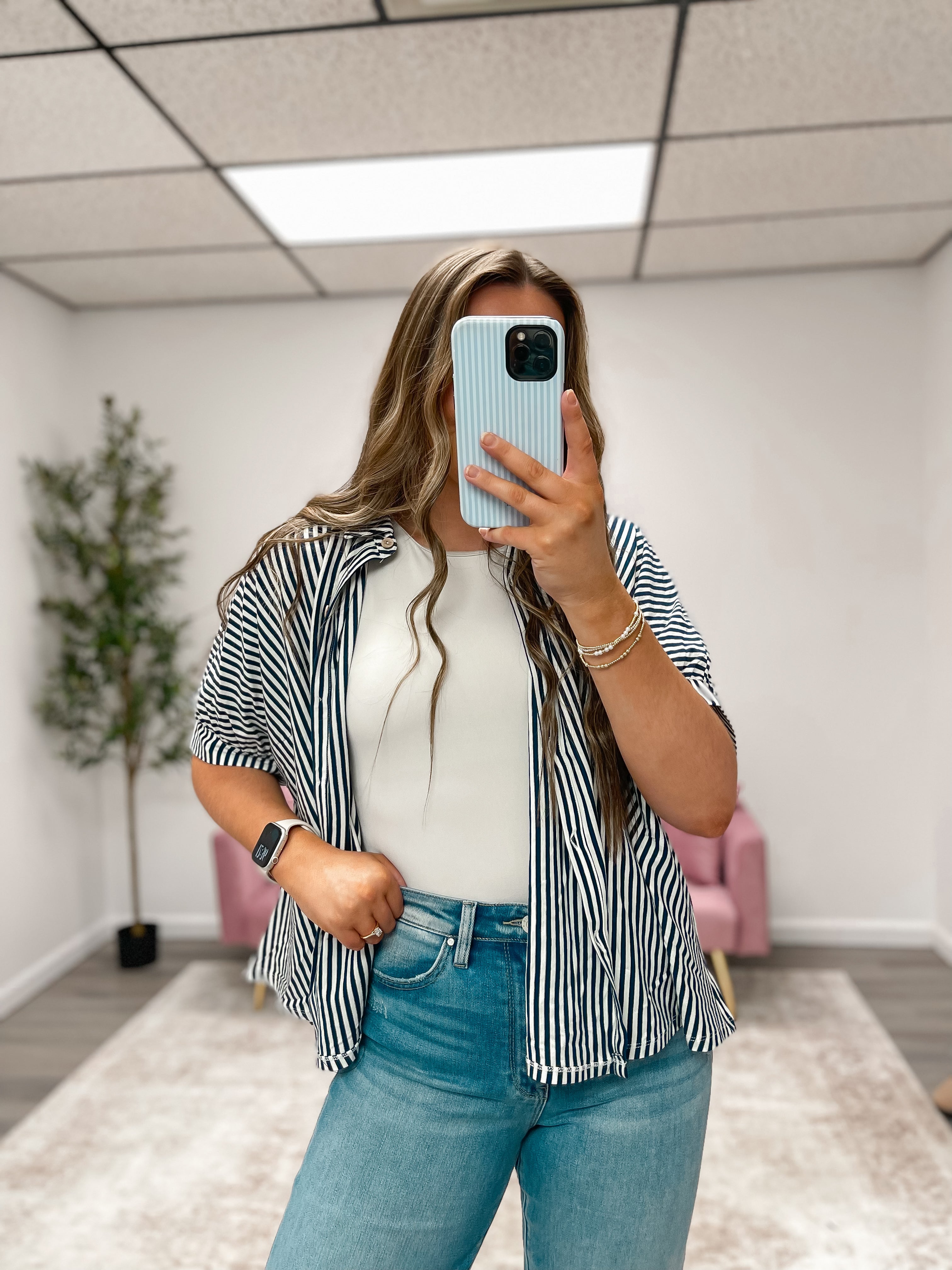 Navy Stripe Oversized Button Down