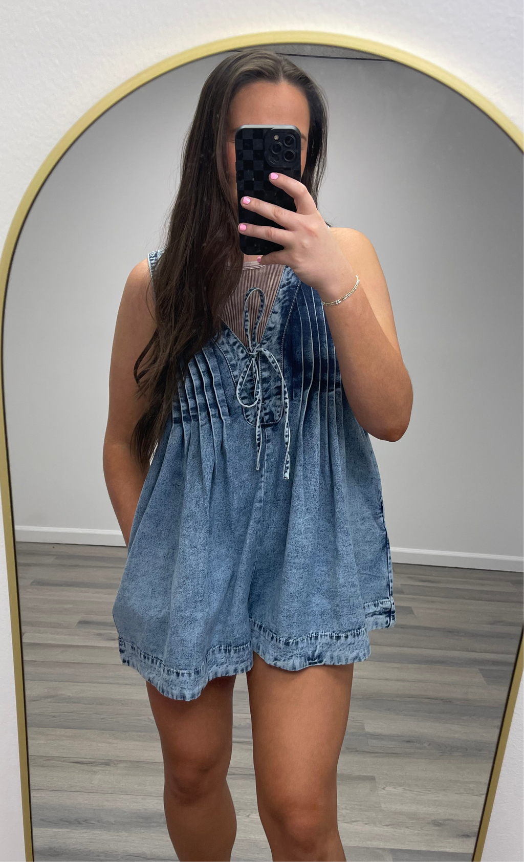 Front Pleated V Neck Sleeveless Denim Romper / DENIM