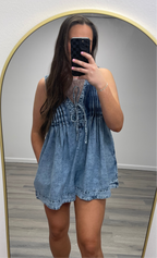 Front Pleated V Neck Sleeveless Denim Romper / DENIM