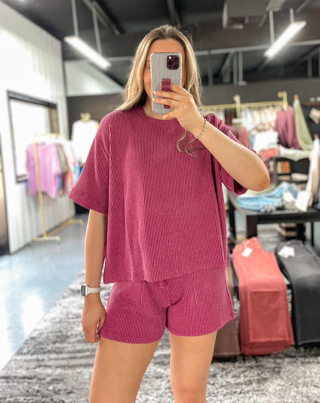 Raised Rib Tee + Shorts Set - Wine