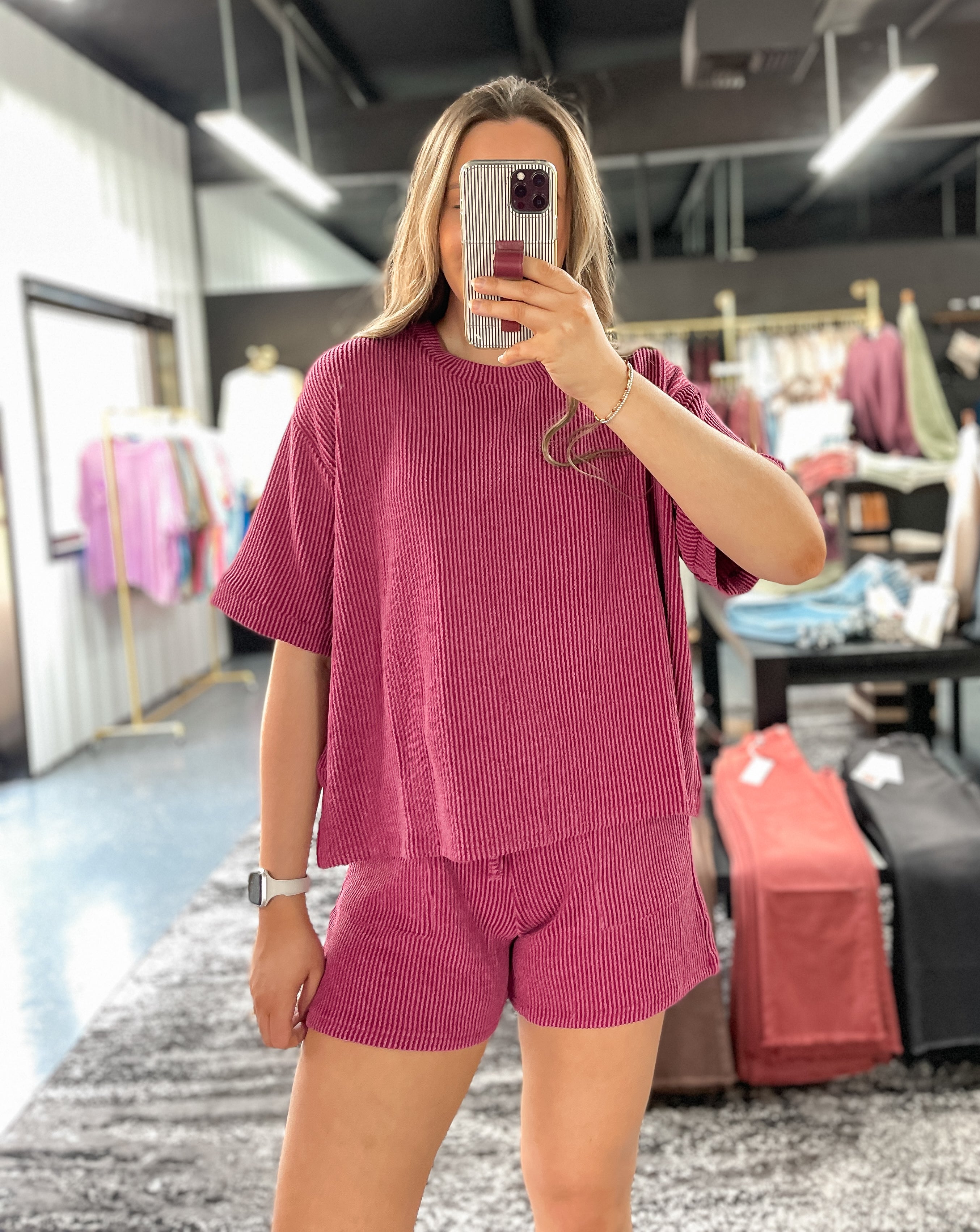 Raised Rib Tee + Shorts Set - Wine