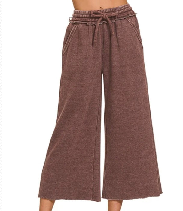 Acid Wash Palazzo Sweat Pant- Mahogany