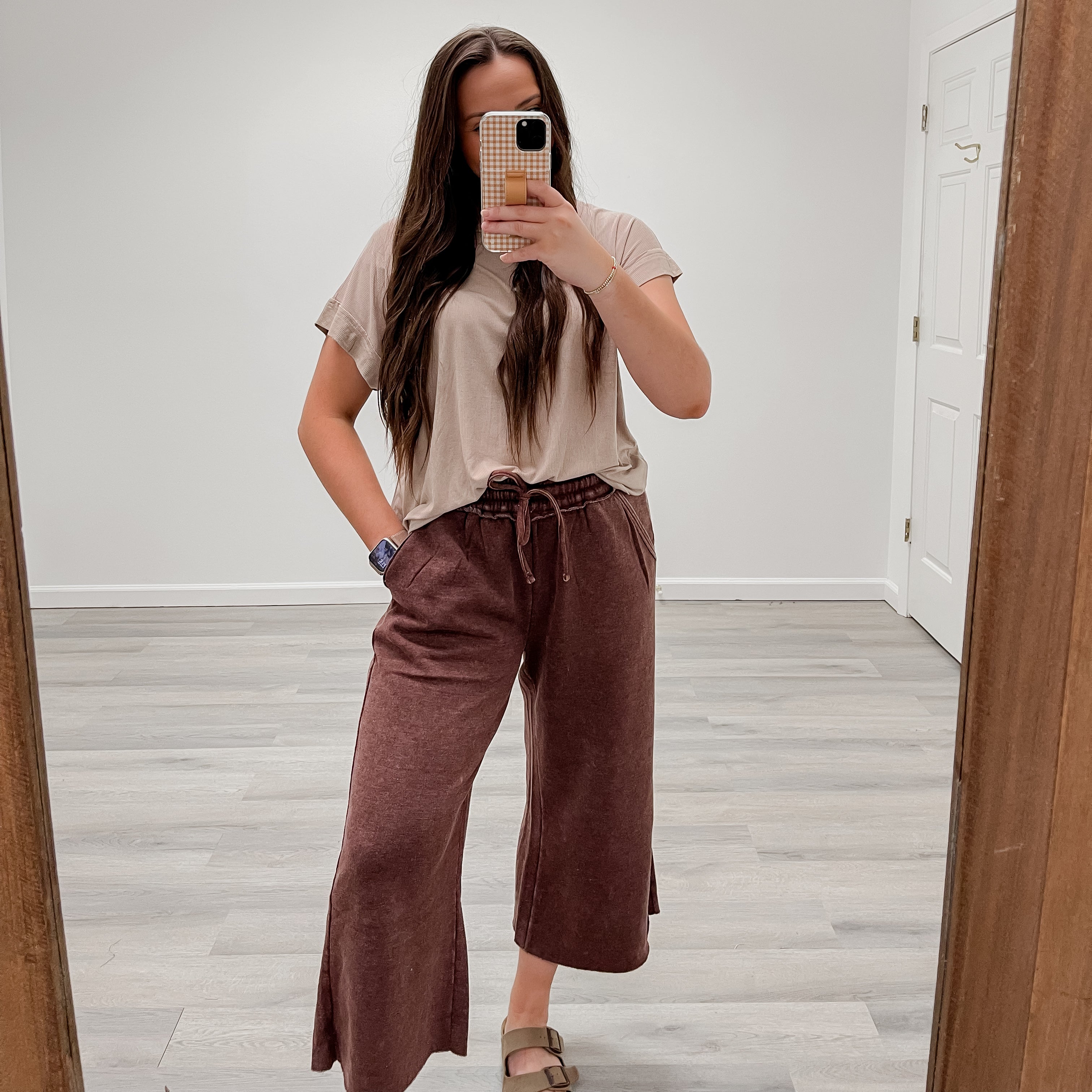 Acid Wash Palazzo Sweat Pant- Mahogany