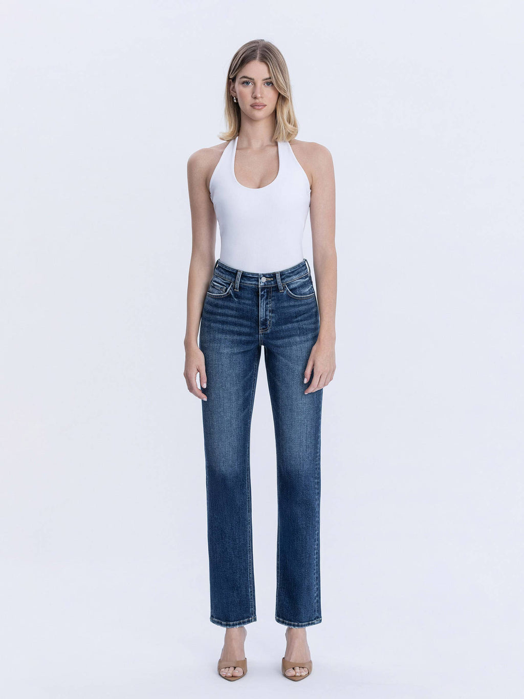 HIGH RISE FULL LENGTH DARK WASH STRAIGHT LEG JEAN