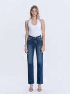HIGH RISE FULL LENGTH DARK WASH STRAIGHT LEG JEAN