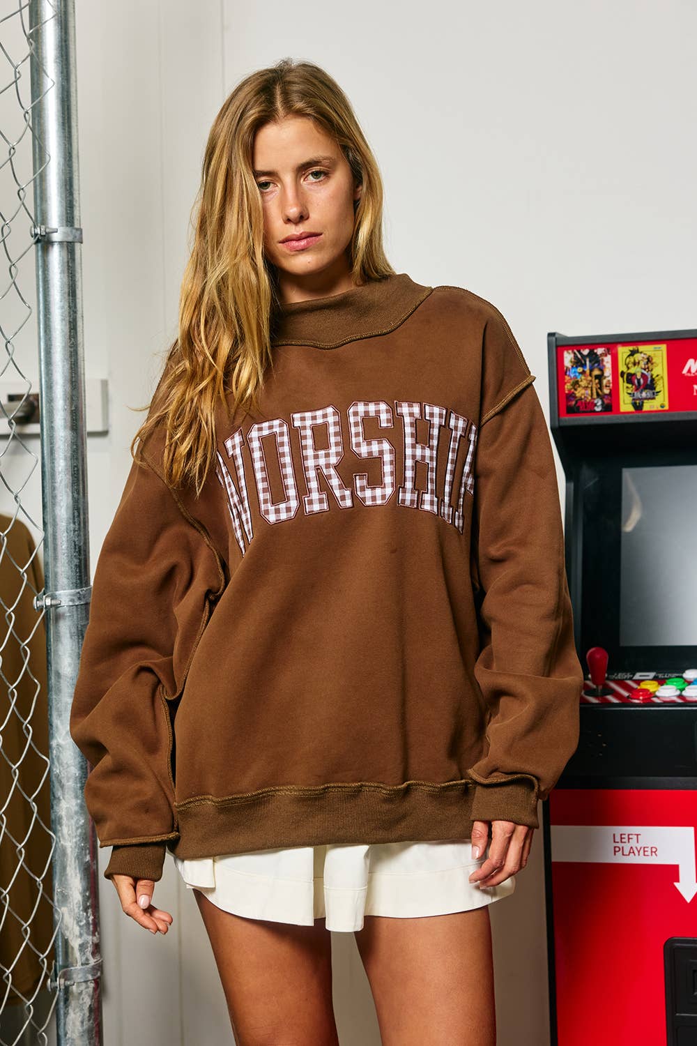 Gingham "WORSHIP" Mock Neck Sweatshirt