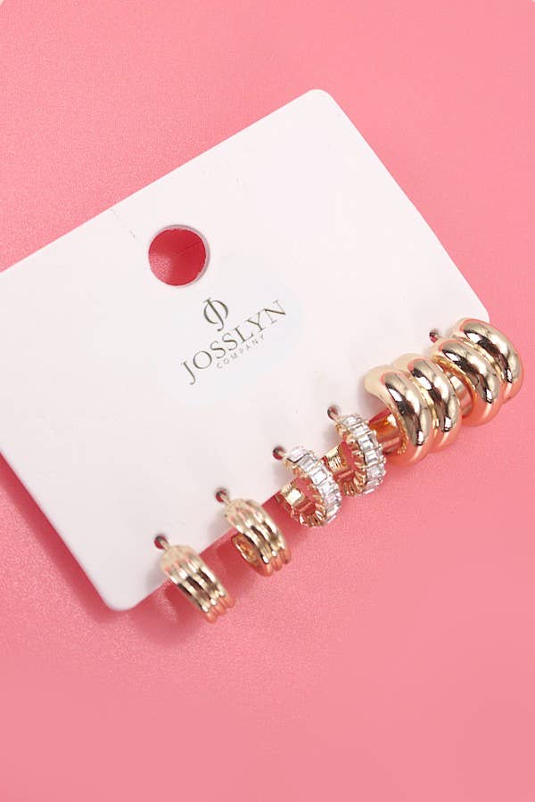 BAGUETTE STONE DOUBLE HOOP HUGGIE TRIO EARRINGS