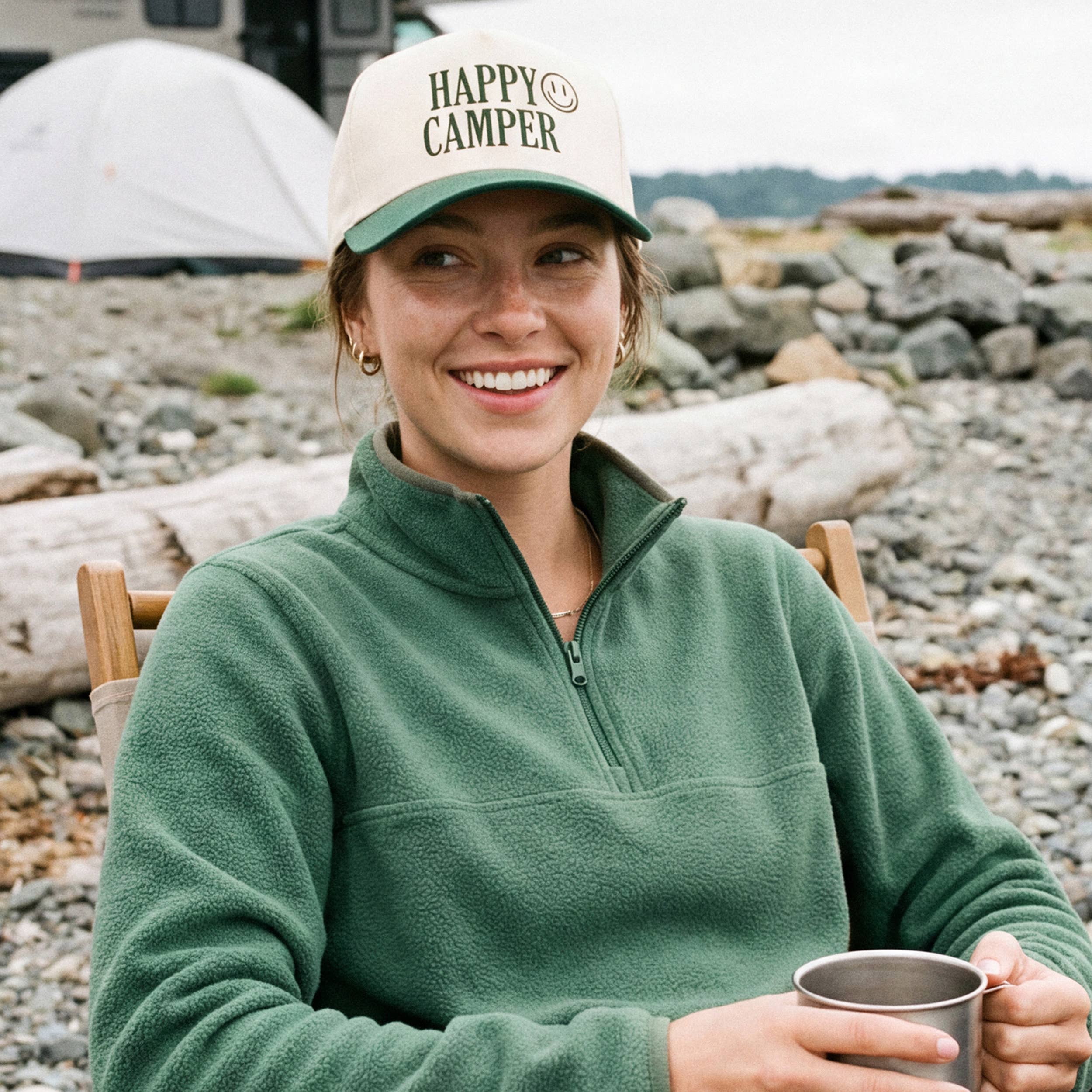 HAPPY CAMPER Embroidered Two Tone Trucker Hat