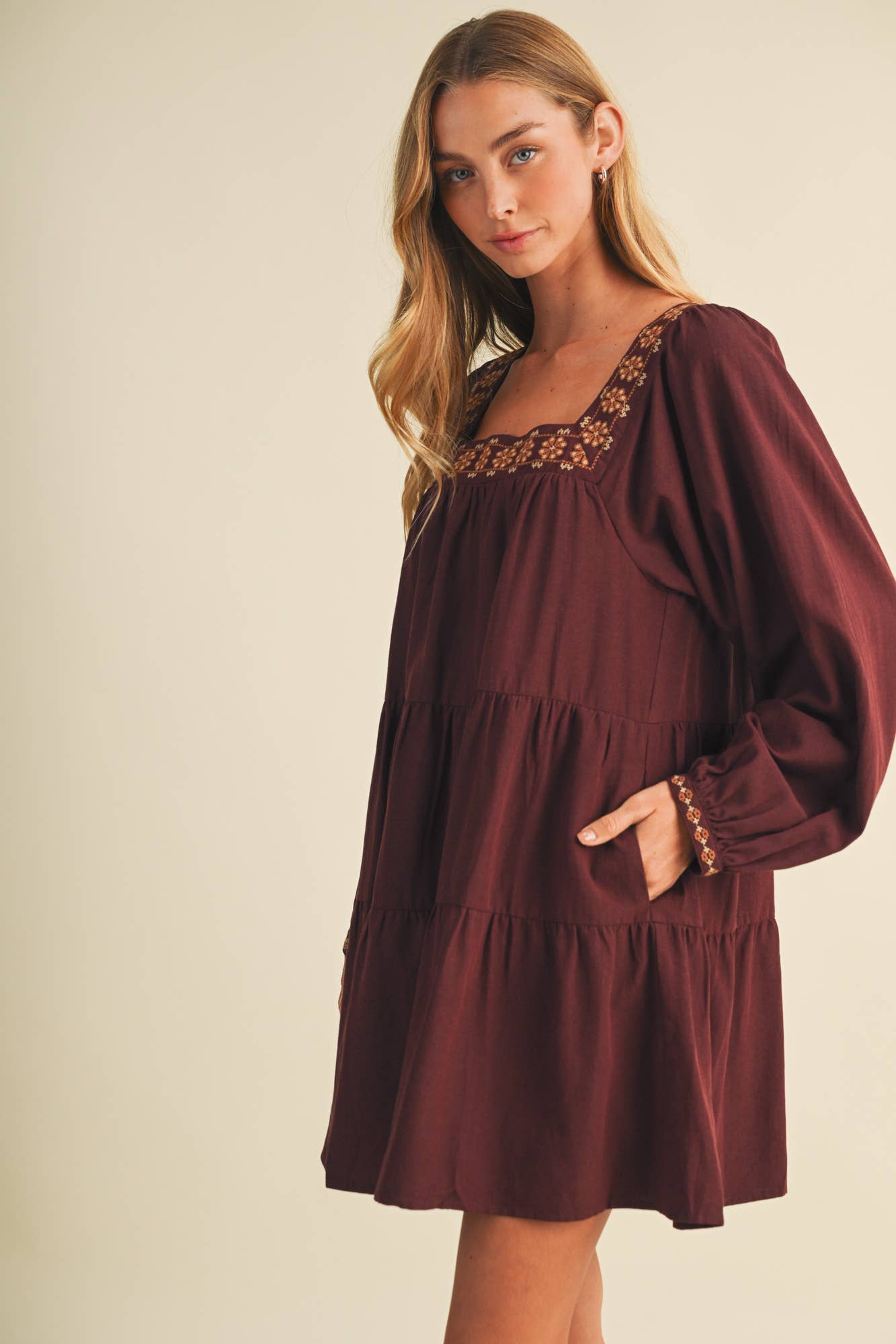 Autumn Harvest Square-Neck Embroidered Dress