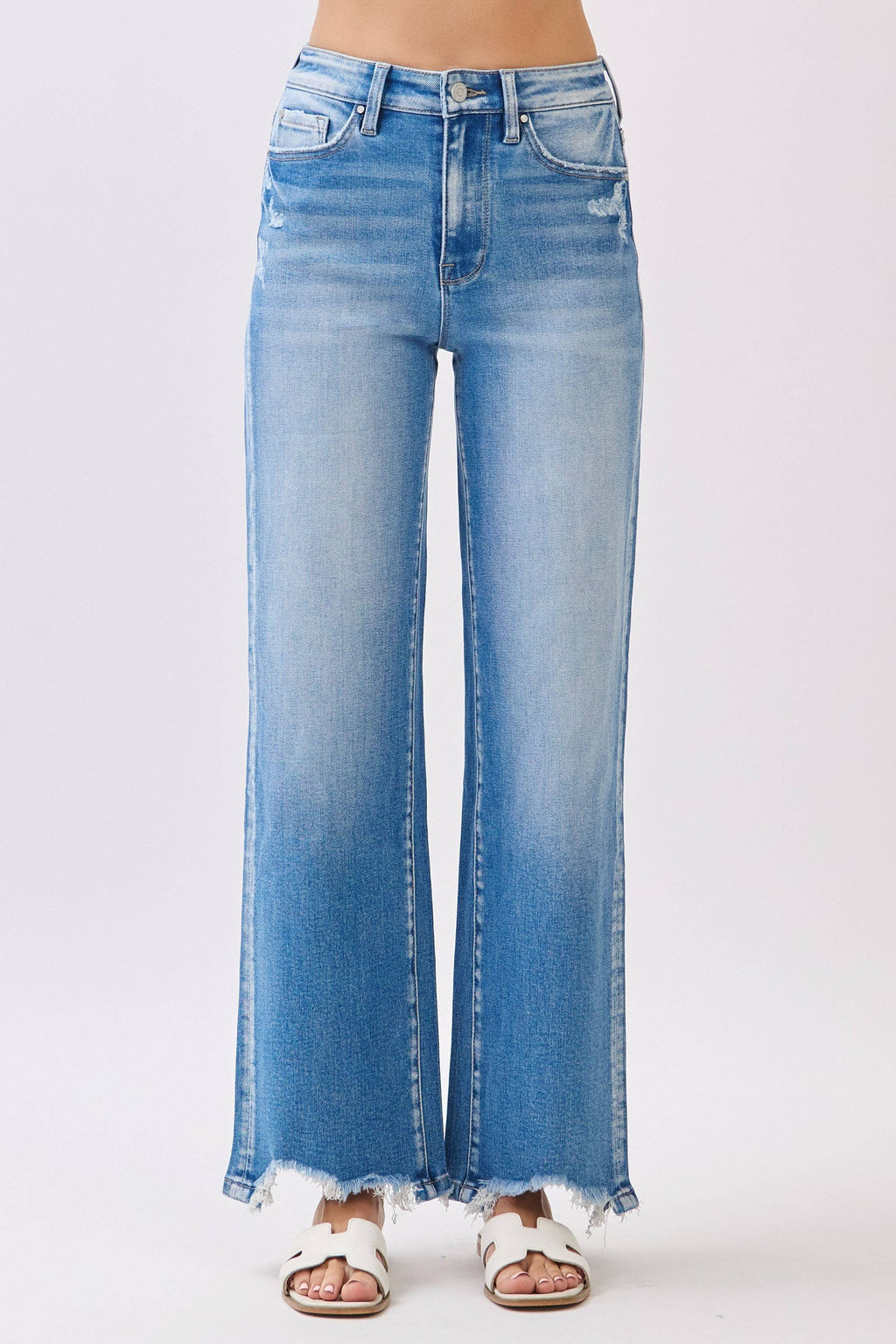 HIGH RISE STRETCH WIDE LEG DESTROYED HEM JEANS