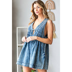 Front Pleated V Neck Sleeveless Denim Romper / DENIM