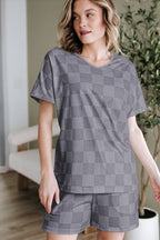 Checkered V Neck Tee Drawstring Shorts Lounge Set
