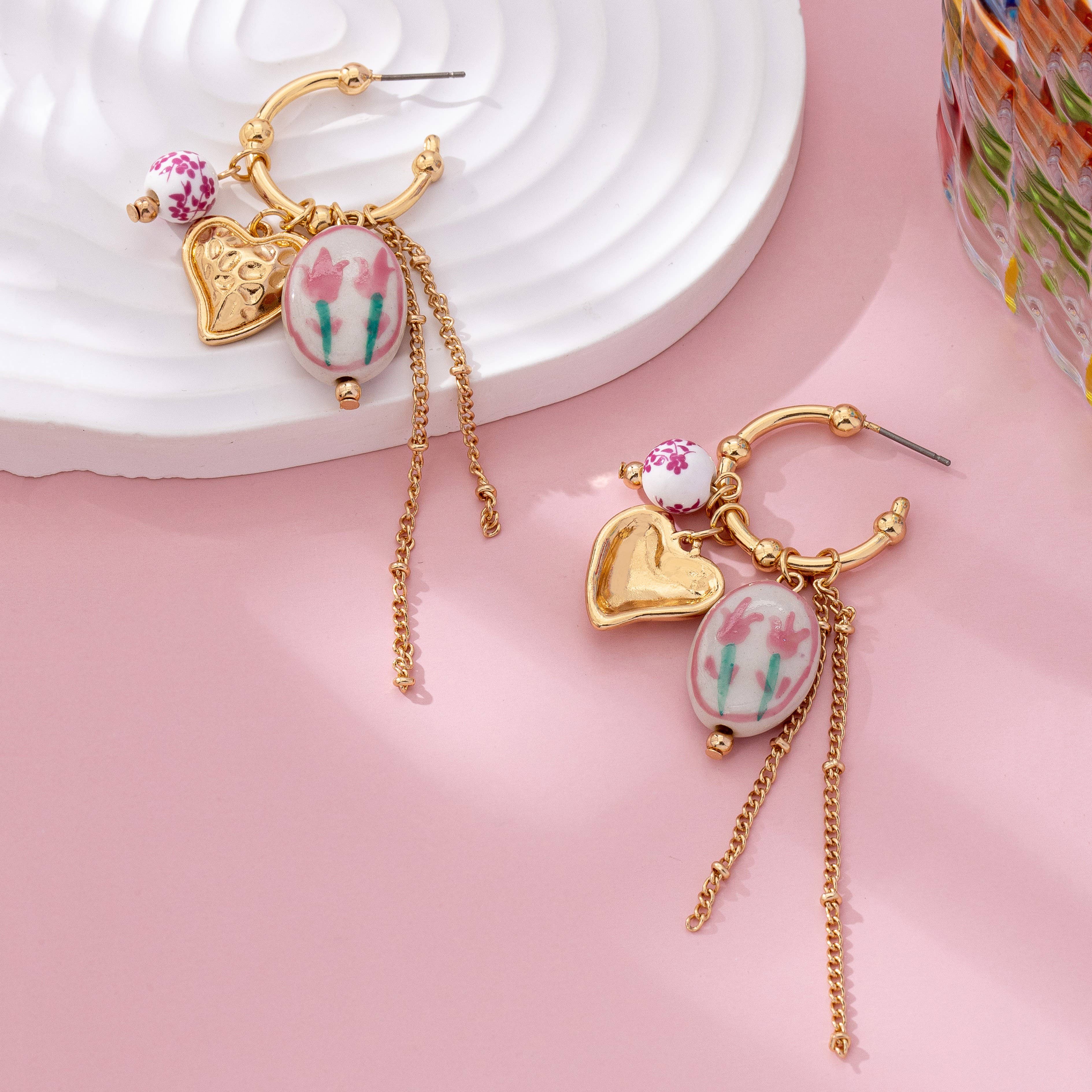 Chinoiserie Floral Charm Hoop Earrings