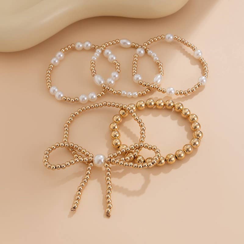 MULTI LAYER BALL CHAIN BEAD PEARL BOW BRACELET