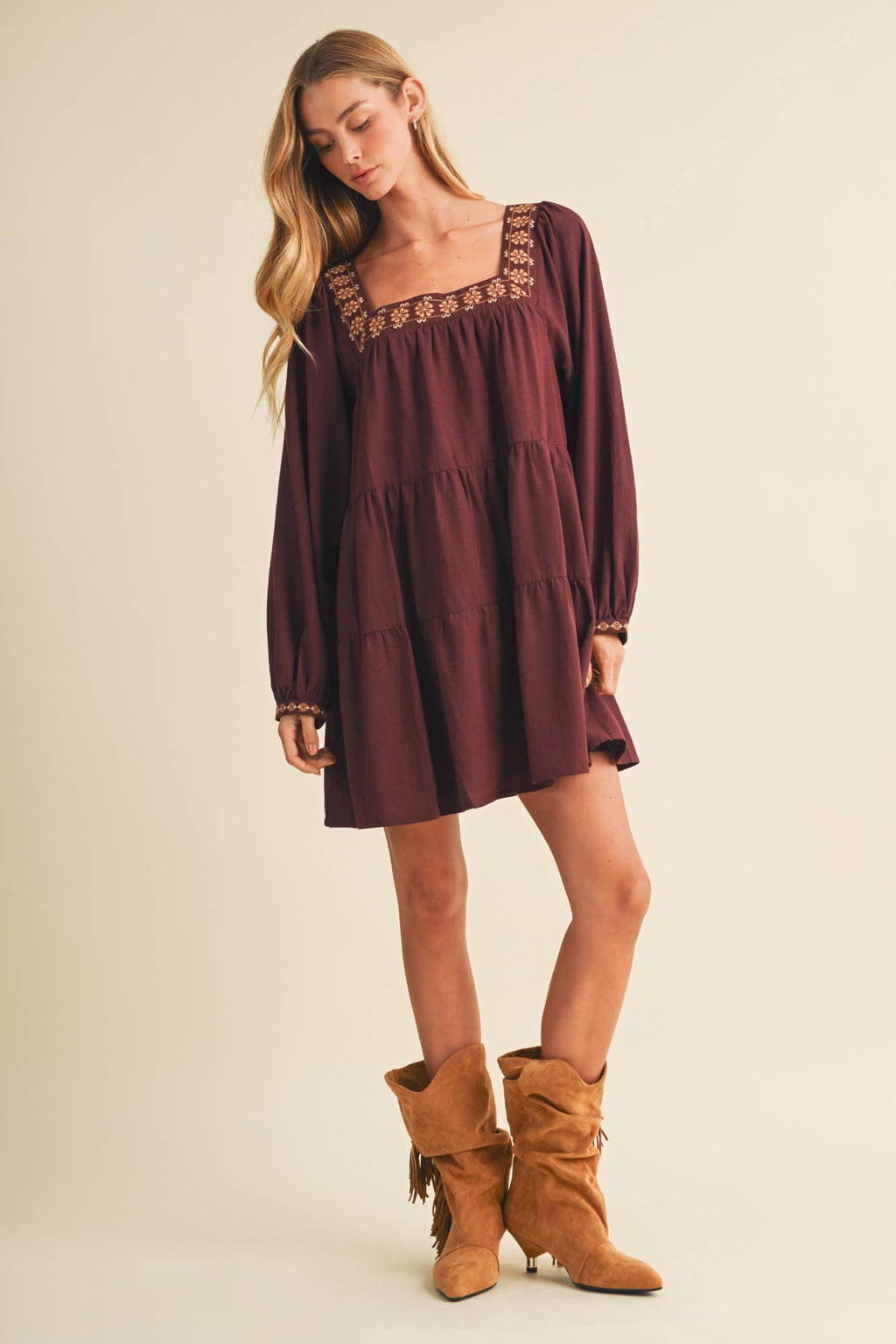 Autumn Harvest Square-Neck Embroidered Dress