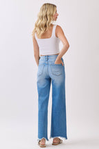 HIGH RISE STRETCH WIDE LEG DESTROYED HEM JEANS
