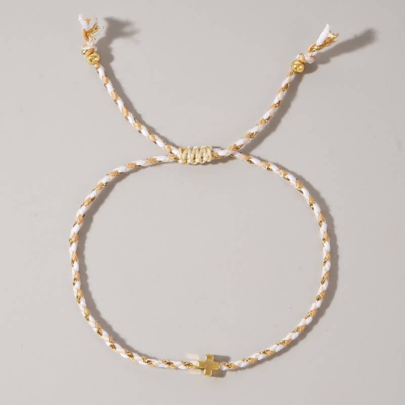 18K STAINLESS STEEL CORDED CROSS CHARM BRACELET