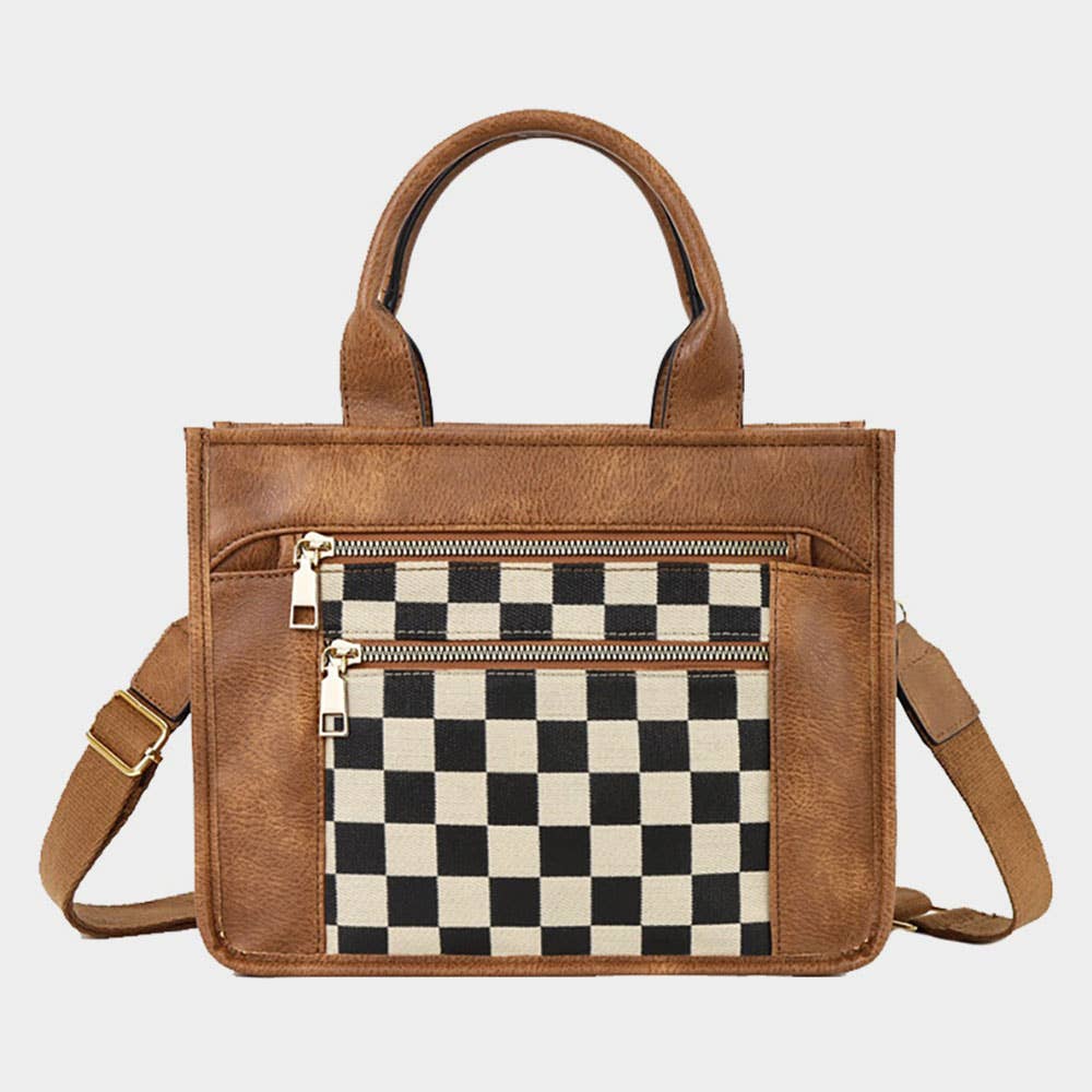 Faux Leather Checkered Front Pocket Top Handle Crossbody Bag