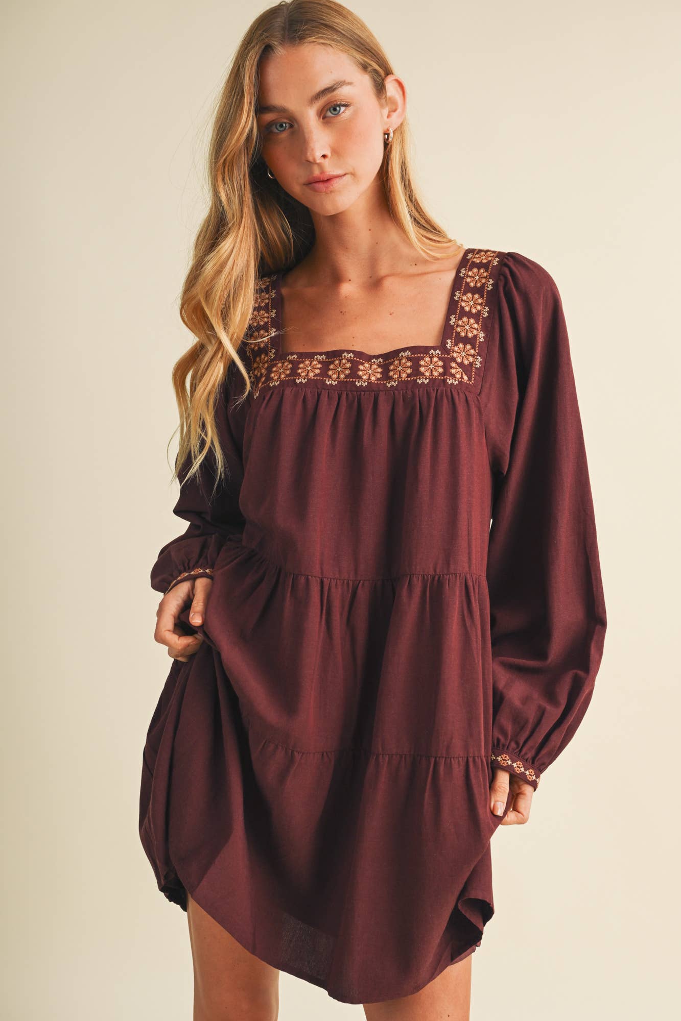Autumn Harvest Square-Neck Embroidered Dress