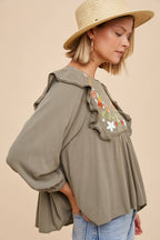 EMBROIDERED RUFFLE SHOULDER BLOUSE