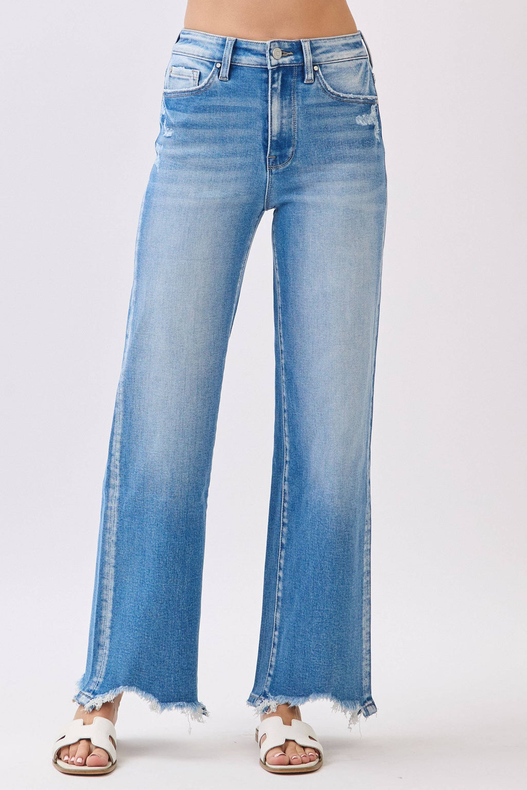 HIGH RISE STRETCH WIDE LEG DESTROYED HEM JEANS