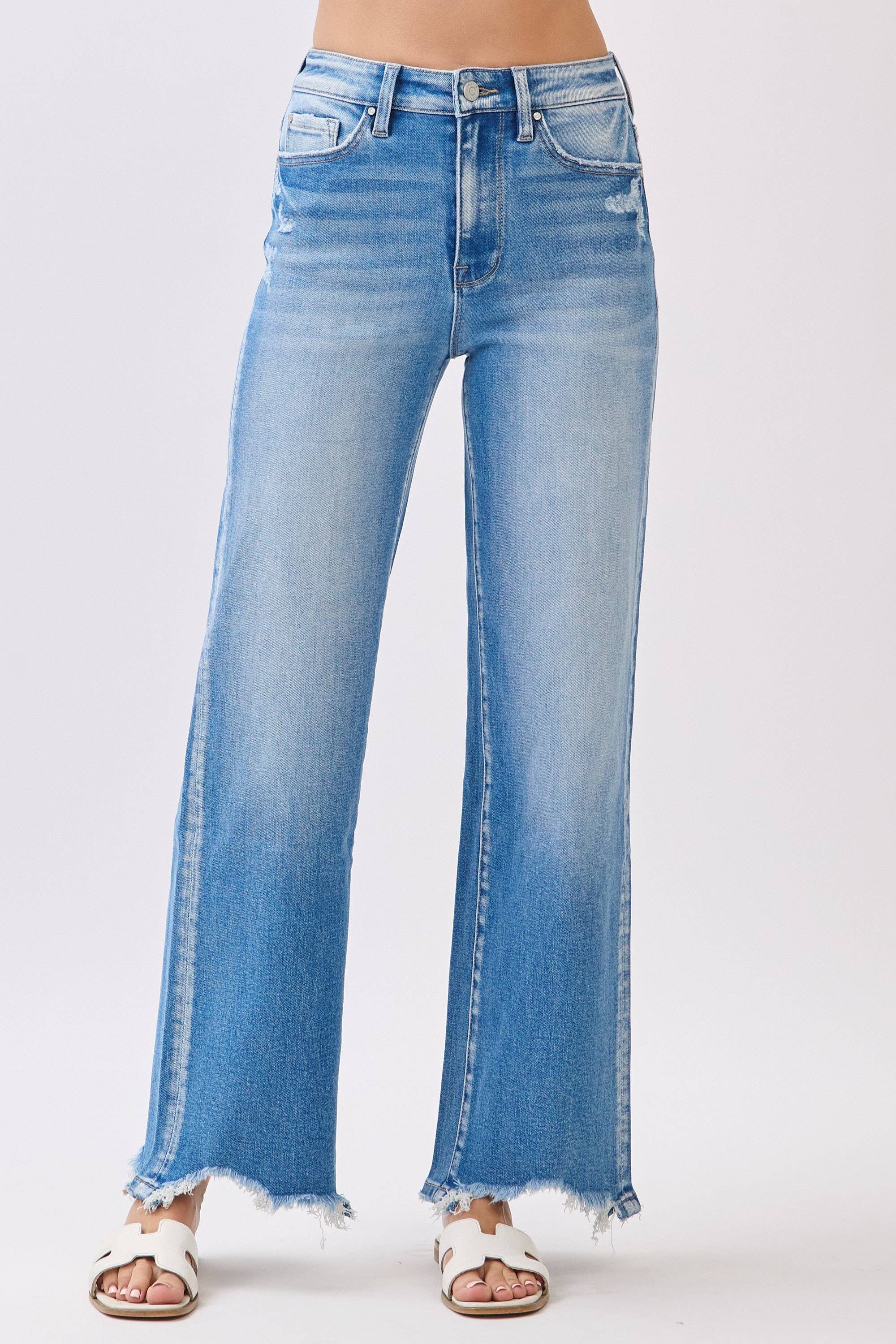 HIGH RISE STRETCH WIDE LEG DESTROYED HEM JEANS